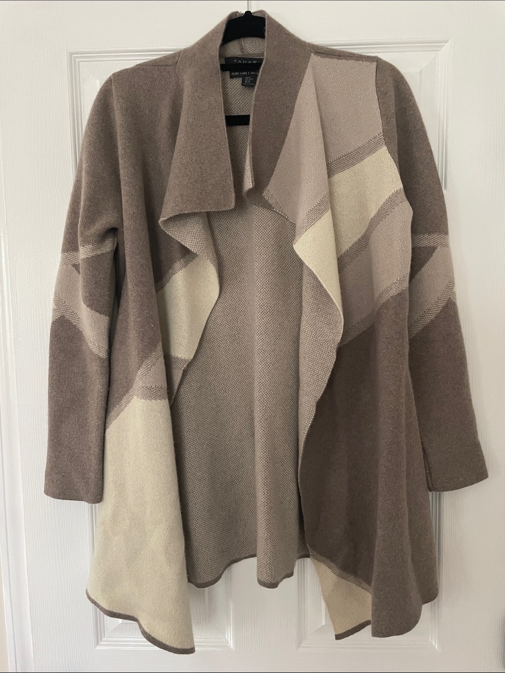 Tahari Taupe & Cream Draped Open-Front Cardigan